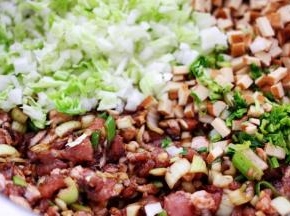 大白菜和豆腐干提前用刀切成小丁，香菜切末都放入猪肉馅里。
