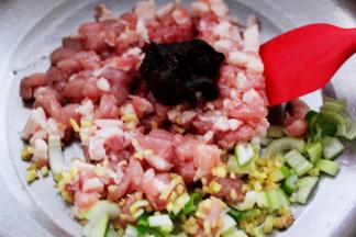 猪肉用刀切成小丁放入盆中，葱姜切碎后放入盆中后加入豆瓣酱。