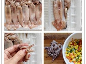 将冷冻的鱿鱼解冻后，揪住头部把内脏拖出来，鱿鱼筒抽掉软骨备用。挤掉头部的“鹦鹉嘴”，把鱿鱼须上的吸盘撸一下，冲洗后切碎。同时准备“什锦菜”（胡萝卜丁、青豆和玉米粒）备用。
小提示：揪内脏的时候不要弄破“墨囊”，不然冲洗起来很麻烦。新鲜的鱿鱼应该是青绿色的，我这个这个是春节时候拿给老妈家，她没吃又拿回来了，所以颜色微微发红，不是那么新鲜了，但是一直冷冻的，并不影响食用。