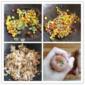 热锅热油，爆香葱花儿后，倒入什锦菜，炒熟后加入切碎的鱿鱼须，加少许盐和料酒炒匀。再倒入米饭，加盐和生抽翻炒均匀。用漏斗辅助下，将炒饭塞入鱿鱼筒里。小提示：喜欢吃辣味的也可以在炒饭中加入少量辣酱或辣椒碎，口味更好。