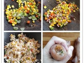 热锅热油，爆香葱花儿后，倒入什锦菜，炒熟后加入切碎的鱿鱼须，加少许盐和料酒炒匀。再倒入米饭，加盐和生抽翻炒均匀。用漏斗辅助下，将炒饭塞入鱿鱼筒里。小提示：喜欢吃辣味的也可以在炒饭中加入少量辣酱或辣椒碎，口味更好。