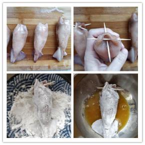 塞到如图的状态就可以了，口上用牙签封好。将鱿鱼筒在淀粉中滚一下，再在蛋液中滚一下，各个部分都要滚到。小提示：塞入炒饭的时候一定要边塞边压实，不然后来切片的时候会散。但是也不要塞入太多，以免鱿鱼筒遇热收缩的时候涨破。