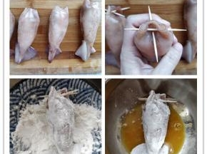 塞到如图的状态就可以了，口上用牙签封好。将鱿鱼筒在淀粉中滚一下，再在蛋液中滚一下，各个部分都要滚到。小提示：塞入炒饭的时候一定要边塞边压实，不然后来切片的时候会散。但是也不要塞入太多，以免鱿鱼筒遇热收缩的时候涨破。