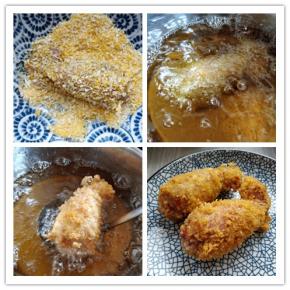 最后在面包糠中滚一下，抖掉多余的部分，放入约120度油温的油锅中，炸到金黄浮起捞出。旋转抽掉牙签，切片就可以吃啦。小提示：一定要达到油温后，放入快速炸一下就捞出，不要炸老了。内馅的炒饭是熟的，只要把表皮炸熟即可。
小提示：也可以在表面挤少许蒜蓉辣酱或者番茄酱、糖醋酱都可以，看个人口味了。切的时候一定要用锋利的刀，不要磨着切，不然会把炒饭挤出来。