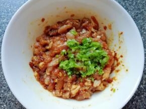 加入葱叶碎末搅拌均匀，让肉馅腌制一下。