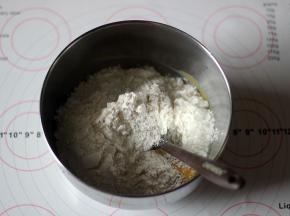 倒入过筛的粉类，用刮刀拌匀