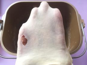 加牛奶启动揉面程序，将材料揉成面团，揉好的面团横切面孔洞很少，面团柔软，切下的一小块面团可以撑出首套膜，破口呈锯齿状；