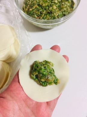 取一张圆饺子皮，放入一勺调好的肉馅儿。