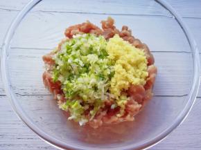 大葱和生姜洗干净分别剁碎，放在肉馅上。