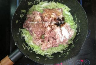 锅里加油把包菜丝炒软，加入肉未炒至变色，加入1小勺盐，1勺蚝油

，少许胡椒粉，少许糖，少许芝麻油，炒均匀