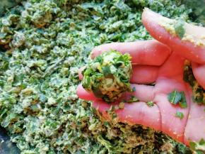 用手来回搓一下，直到面粉和菠菜完全融合，能捏成团，如图。