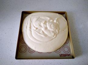 9倒入铺好硅胶垫的烤盘里，用刮板刮平表面，并轻震烤盘震出大气泡。