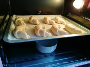 烤箱调至“发酵”功能，放一碗热水，放入羊角包生胚发酵30分钟。