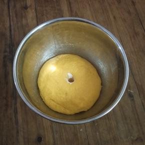 盖上湿布，让它发酵至两倍大