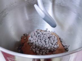 加入耐高温巧克力，继续1档揉2分钟，立即停止。