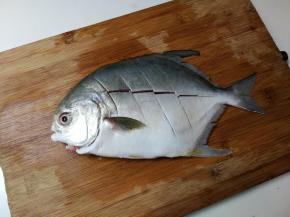 金昌鱼刮去鱼鳞，去掉鱼肠洗净，表面划切数刀