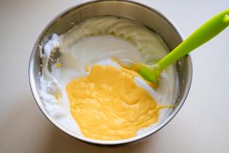 拌匀的面糊倒回余下的蛋白霜中，继续上下翻拌均匀。