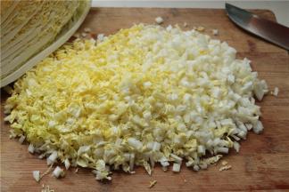 揉面的时候准备饺子馅。大白菜切成碎末，葱姜也切成末，泡发好的木耳也切成末。