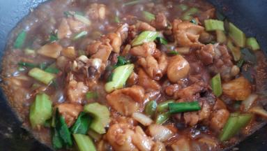 10分钟后加切好的蒜苗、洋葱、芹菜在炖3分钟。