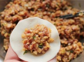 取一个饺子皮，放入一勺饺子馅。