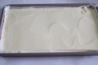 14、用刮板把面糊刮平，轻轻震出大气泡。