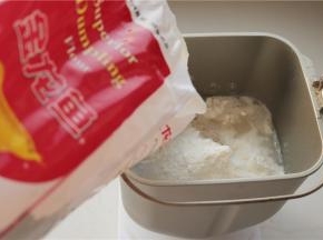 金龙鱼饺子粉加入面包机桶里，加入水，揉面15分钟。