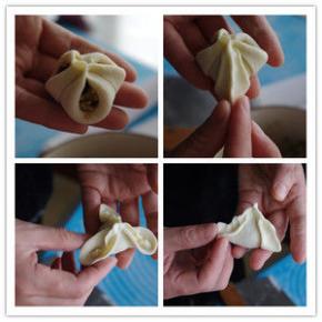 三个角向中间捏起，相邻两边分别捏合起来，将上面则的三个角翻上去，然后将中间捏出花纹，如图所示。