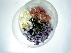 面团醒发期间，把猪肉丁，圆葱丁，葱姜末，盐，花椒粉，生抽放在一起搅拌均匀