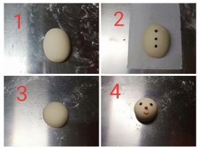 20克和25克白色面团分别做雪人的头和身体，头揉成圆的，身体揉成椭圆的，如图做出造型