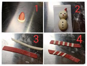 适量红色面团揉成锥形做帽子，粘好白色围边后粘到雪人头部，红色面片切条，白色切细点，如图做好造型