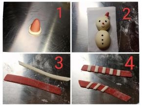 适量红色面团揉成锥形做帽子，粘好白色围边后粘到雪人头部，红色面片切条，白色切细点，如图做好造型