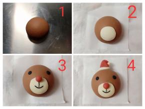 可可面团切出5克，剩余的揉圆，白色面片切一个小圆粘到可可面团上，做出眼睛，鼻子，嘴巴，再做一个圣诞帽，帽子跟雪人的帽子一个做法