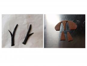 黑色面团做麋鹿的角，可可面团切两个三角形做耳朵