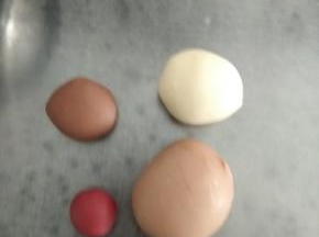 取100克加入可可粉，揉成浅的可可颜色，取15克加入可可粉，揉成深的可可颜色，取5克加入红曲粉，揉成红色，剩下的白色面团备用