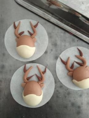 白色面片按照图中贴上，深色的可可面团，揉成两端尖长条，对半切开做鹿角，把耳朵，鹿角按照图上的形状安上，接口处抹上水，方便粘合