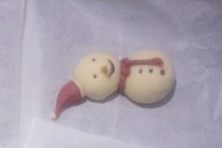 分别粘少量的清水粘在雪人的头部和身体部分相应的位置上即可