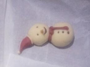 分别粘少量的清水粘在雪人的头部和身体部分相应的位置上即可