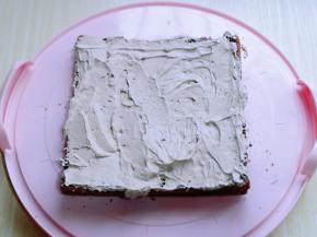 将晾凉的蛋糕从中间切开，切成两片，取一片蛋糕片，抹上打发的奶油。