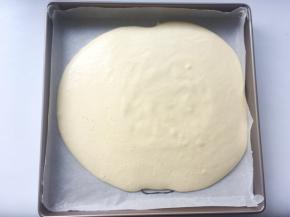 将翻拌均匀的面糊抬高20厘米倒入烤盘内
