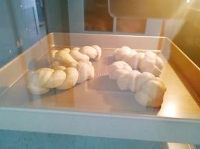 另一烤盘加入半烤盘水放入烤箱最下层，放面包的烤盘放入烤箱的中下层，选择烤箱的“发酵”功能，35度二次发酵40分钟。