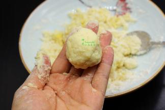 用勺子挖一小勺，揉搓成小团，放在手掌心，按压成圆圆的小饼