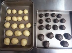 将面团称量，分切各部位。15克的黑、白面团各2份。20克的黑、白面团各2份。25克的黑、白面团各2份。35克的黑、白面团各3份。过程图中所示是2个450克吐司模的量，无需怀疑。