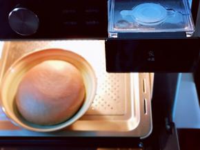 将面团入蒸烤箱进行发酵。(放入烤箱发酵也可以，记得放一碗开水)