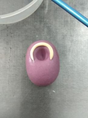 取一小条白面团，搓成条，放在圆坑位置上面，围半圈