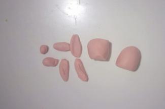 把粉色面团分别分出:2个豌豆粒大小的面团制作耳朵和尾巴，4个花生粒大小的面团制作腿，其余的分成2等份，分别制作马头和马身部分