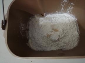 倒入250克面粉和2克酵母，面包桶放入到东菱JD08面包机里，选择一个10分钟的和面程序，不需要揉出膜