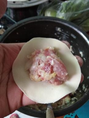 拿一张饺子皮，放入肉沫