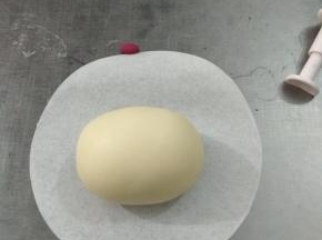 红豆馅分成3个15克，包入白面团中，滚圆，再揉成椭圆形
