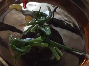 生姜切片，葱叶打结，与干辣椒分别放入汤锅