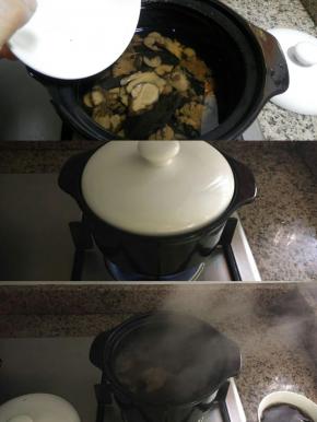 翻渣煮(一付药要熬两次,以便充分发挥药材药性)，即：往剩下的药材中再加3碗水（不要再加黄酒了），盖上盖子，煮沸后调小火再煮直到只剩一碗水（约需20分钟）。